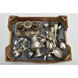 A BOX OF ASSORTED SILVER AND WHITE METAL, to include a set of four teaspoons with twisted handles,