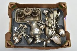 A BOX OF ASSORTED SILVER AND WHITE METAL, to include a set of four teaspoons with twisted handles,