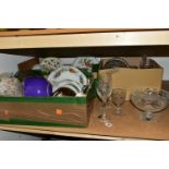 THREE BOXES OF CUT CRYSTAL, PYREX OVENWARE AND CERAMICS, to include two long stemmed Stuart