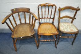 A WALNUT CHIAVARI CANE SEATED CHAIR, a 20th century elm seated smokers chair, and another chair (