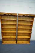 A PAIR OF SLIM PINE OPEN BOOKCASE, width 89cm x depth 27cm x height 183cm (condition - minor surface