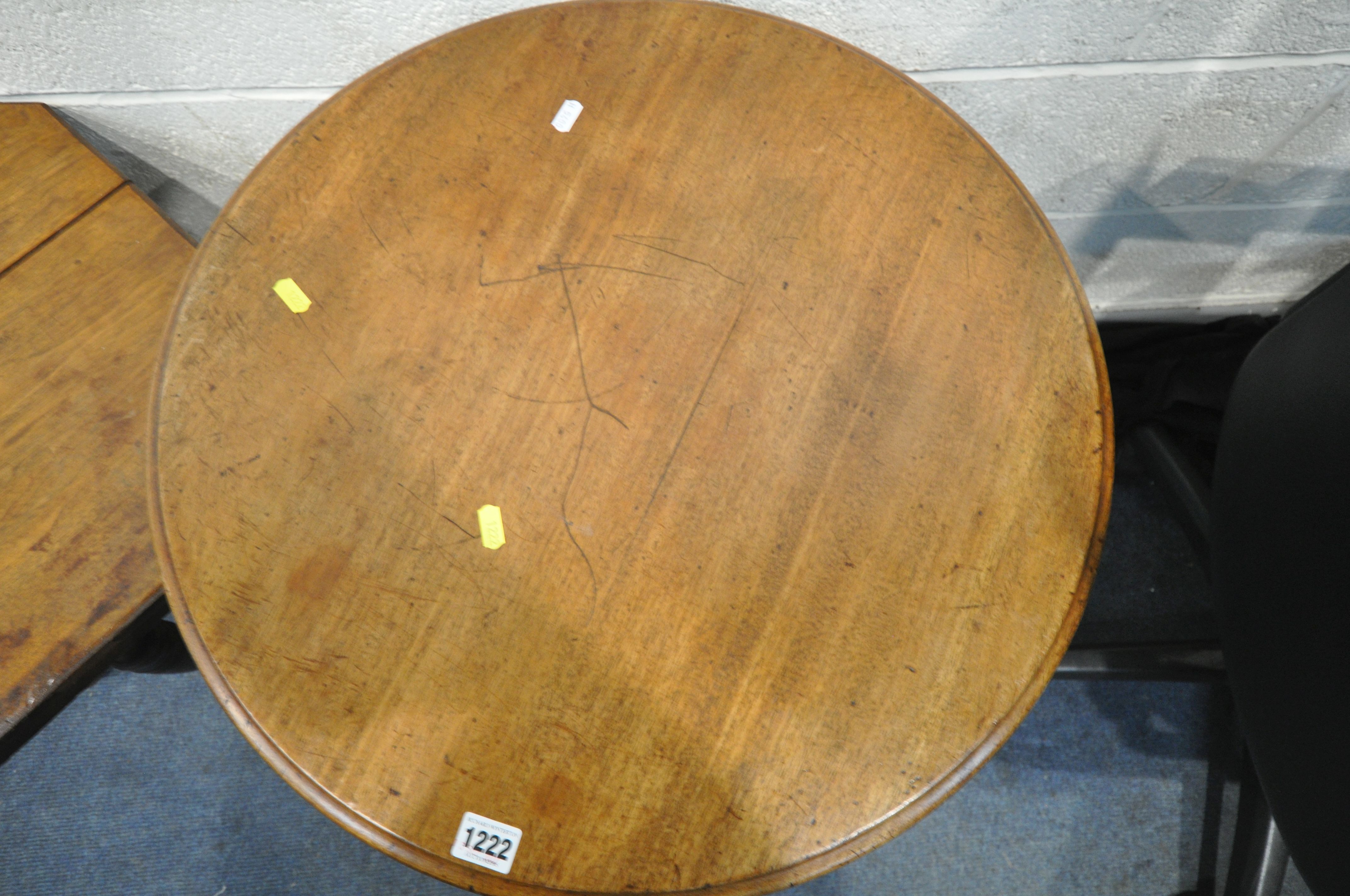 A 19TH CENTURY CIRCULAR CENTRE TABLE, on a turned support, diameter 60cm x height 72cm, two sized - Image 2 of 4