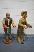 A PAIR OF RESIN RESTAURANT FIGURES, of a Waiter and Waitress, max height 98cm (condition:-missing