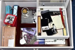 A LARGE JEWELLERY DISPLAY CASE AND OTHER ITEMS, a large wooden case with glass panel, encasing two