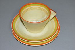 A CLARICE CLIFF FOR NEWPORT POTTERY BIZARRE TRIO, teacup, saucer and tea plate with orange, green