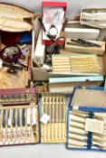 A BOX OF ASSORTED ITEMS, to include three fountain pens, each tip stamped 14k, a selection of