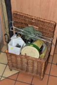 A WICKER FISHING BASKET, TWO RODS AND FISHING EQUIPMENT, comprising a K.P Morrit & Co Ltd reel, a