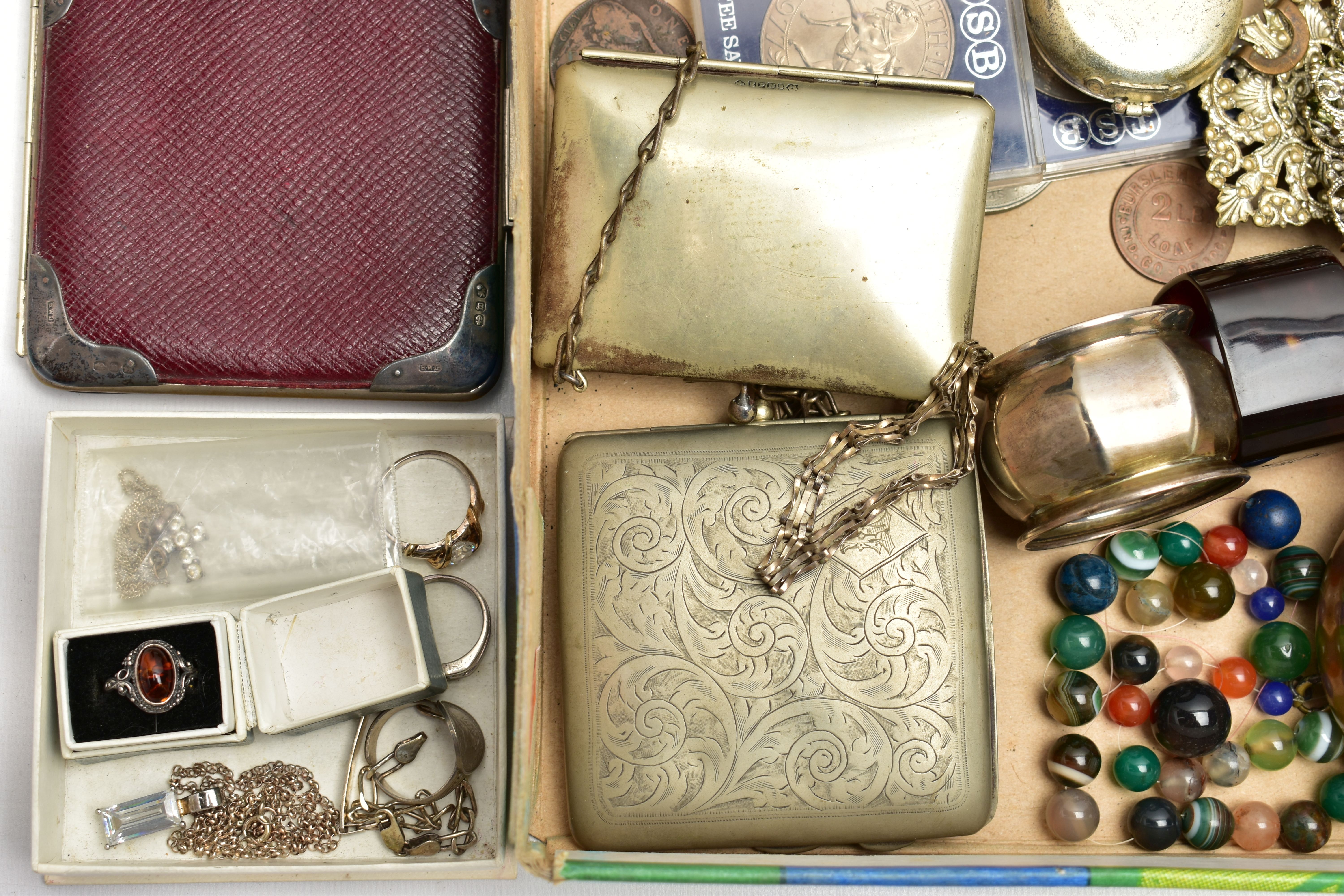 A BOX OF ASSORTED SILVER AND OTHER ITEMS, to include a silver napkin ring with machine turned - Image 4 of 5