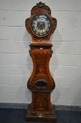 A 20TH CENTURY DUTCH BOMBE KINGWOOD AND MARQUERTY EFFECT LONG CASE CLOCK, with brassed foliate