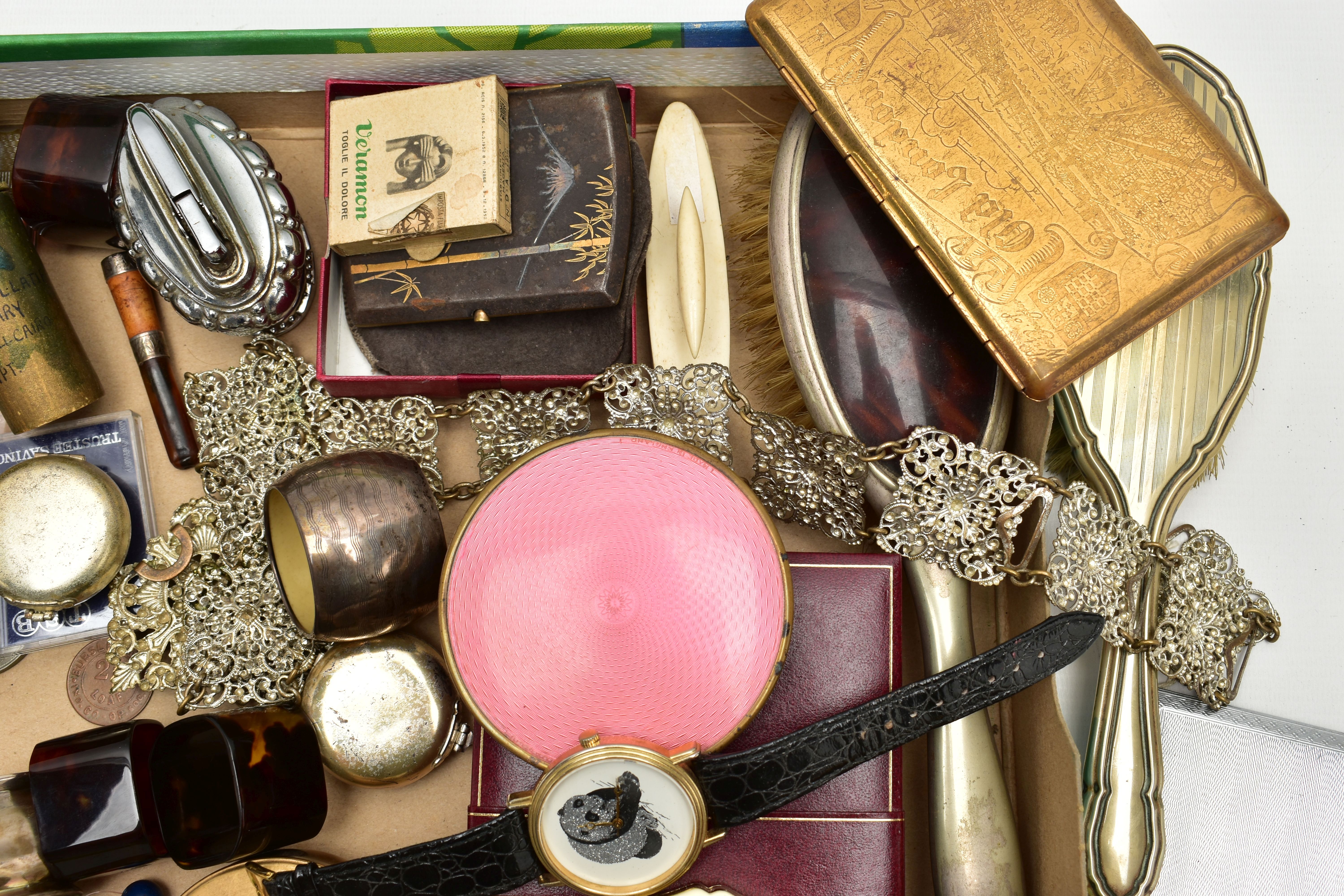 A BOX OF ASSORTED SILVER AND OTHER ITEMS, to include a silver napkin ring with machine turned - Image 2 of 5