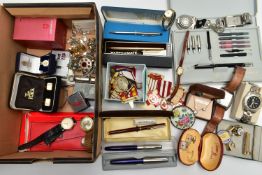 A BOX OF ASSORTED ITEMS, to include a cased 'Parker' fountain pen set including a pen, ink refills