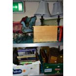 FOUR BOXES OF MISCELLANEOUS, SEWING EQUIPMENT, STAMPS AND BOOKS, to include a pair of table lamps,