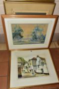 FIVE 20TH CENTURY WATERCOLOURS, comprising a view of Magdalen College, Oxford from the river,