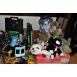 THREE BOXES OF CHILDREN'S SOFT TOYS AND BOARD GAMES, to include a Nintendo DS Lite in a black