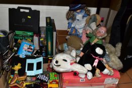 THREE BOXES OF CHILDREN'S SOFT TOYS AND BOARD GAMES, to include a Nintendo DS Lite in a black