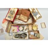 A SELECTION OF COSTUME JEWELLERY, to include an early 20th century locket, stamped '9ct front &