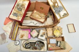 A SELECTION OF COSTUME JEWELLERY, to include an early 20th century locket, stamped '9ct front &