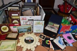 THREE BOXES OF ASSORTED SUNDRY ITEMS AND FRAMED PRINTS, to include an Aeolian Co. Ltd gramophone,
