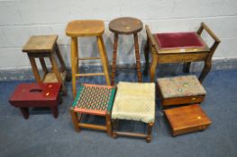 A SELECTION OF VARIOUS PERIOD STOOLS, to include a 20th century oak piano stool, a stained pine high