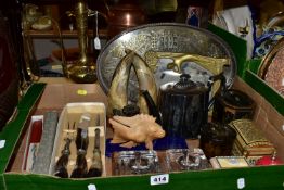 ONE BOX OF METALWARE AND ASSORTED SUNDRIES, to include a pair of pressed glass ink wells on a wooden