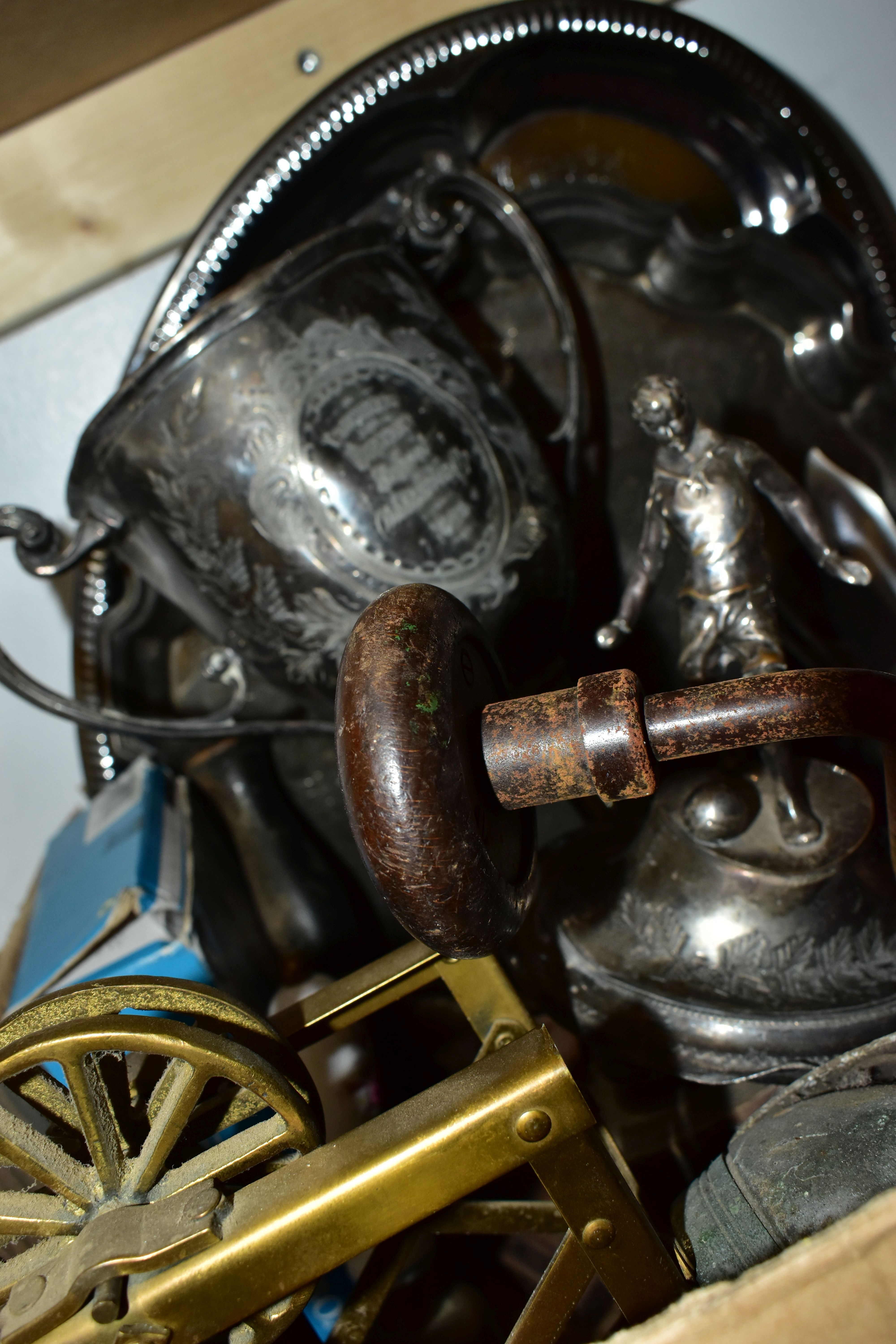 TWO BOXES OF METALWARE, to include two Fire-King serving dishes with lids, a leather box of - Image 3 of 4