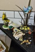 A SMALL GROUP OF ASSORTED BIRD ORNAMENTS, comprising a Royal Belvedere Austrian pottery pair of