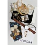 A 9CT YELLOW GOLD BRACELET, A SELECTON OF COSTUME JEWELLERY, COINS AND TWO STAMPS, to include a