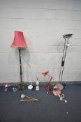 A SELECTION OF LAMPS, to include a red painted angle poise style lamp, a chrome standard lamp, a