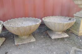 A PAIR OF COMPOSITE OYSTER SHELL GARDEN PLANTERS with shaped square bases, top is circular width and