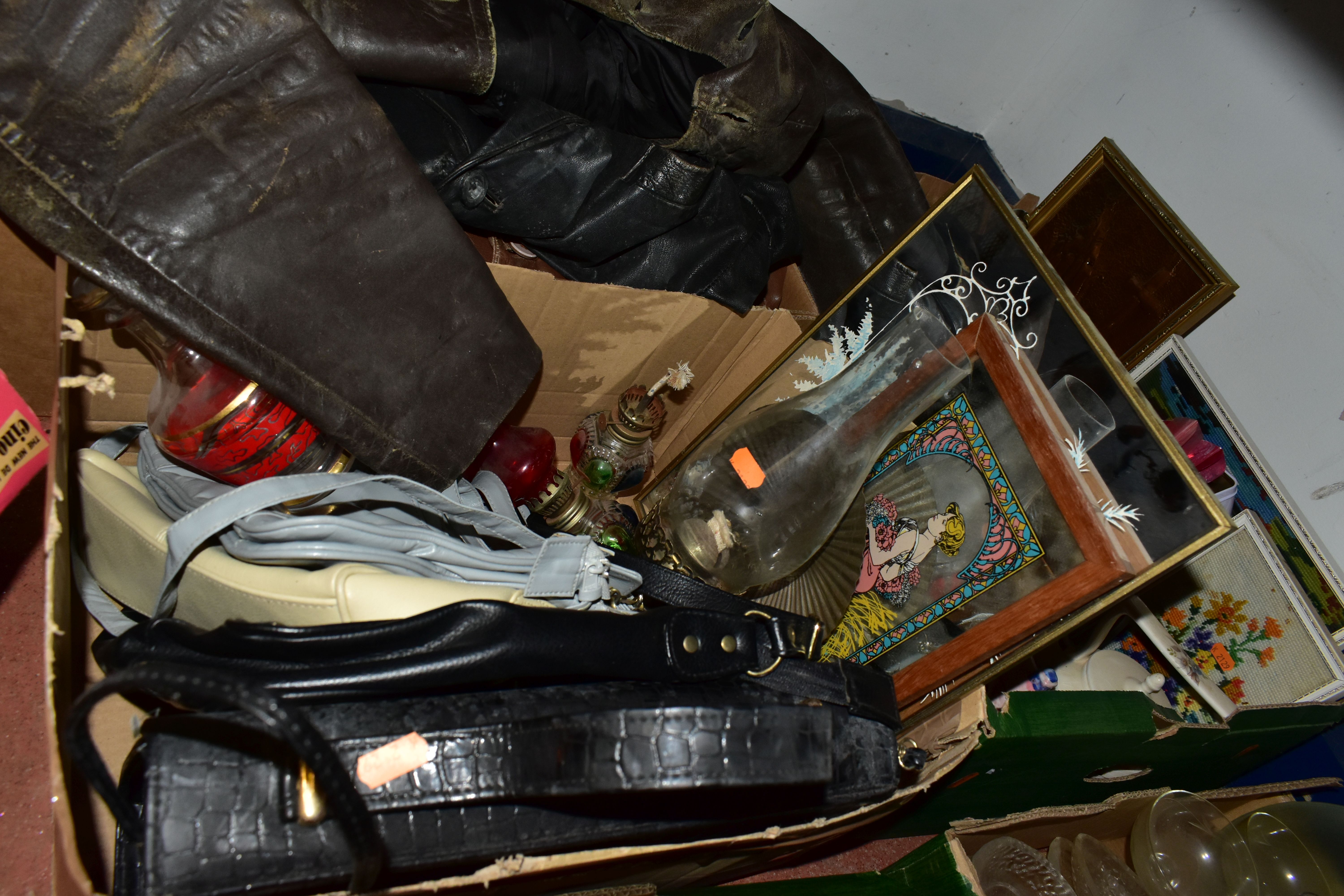 THREE BOXES OF ASSORTED HOUSEHOLD SUNDRIES, to include four distressed vintage leather jackets,