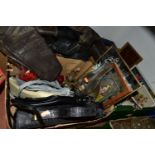 THREE BOXES OF ASSORTED HOUSEHOLD SUNDRIES, to include four distressed vintage leather jackets,