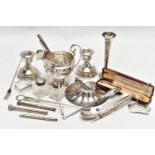 A SELECTION OF SLIVER ITEMS, to include a weighted base posey vase, hallmarked 'Toye, Kenning &