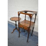 A GEORGIAN MAHOGANY WASHSTAND, on turned supports, with a single drawer, 33cm squared x height 77cm,