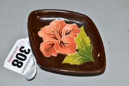 A MOORCROFT POTTERY KITE SHAPED PIN DISH, coral Hibiscus pattern on a brown ground, impressed