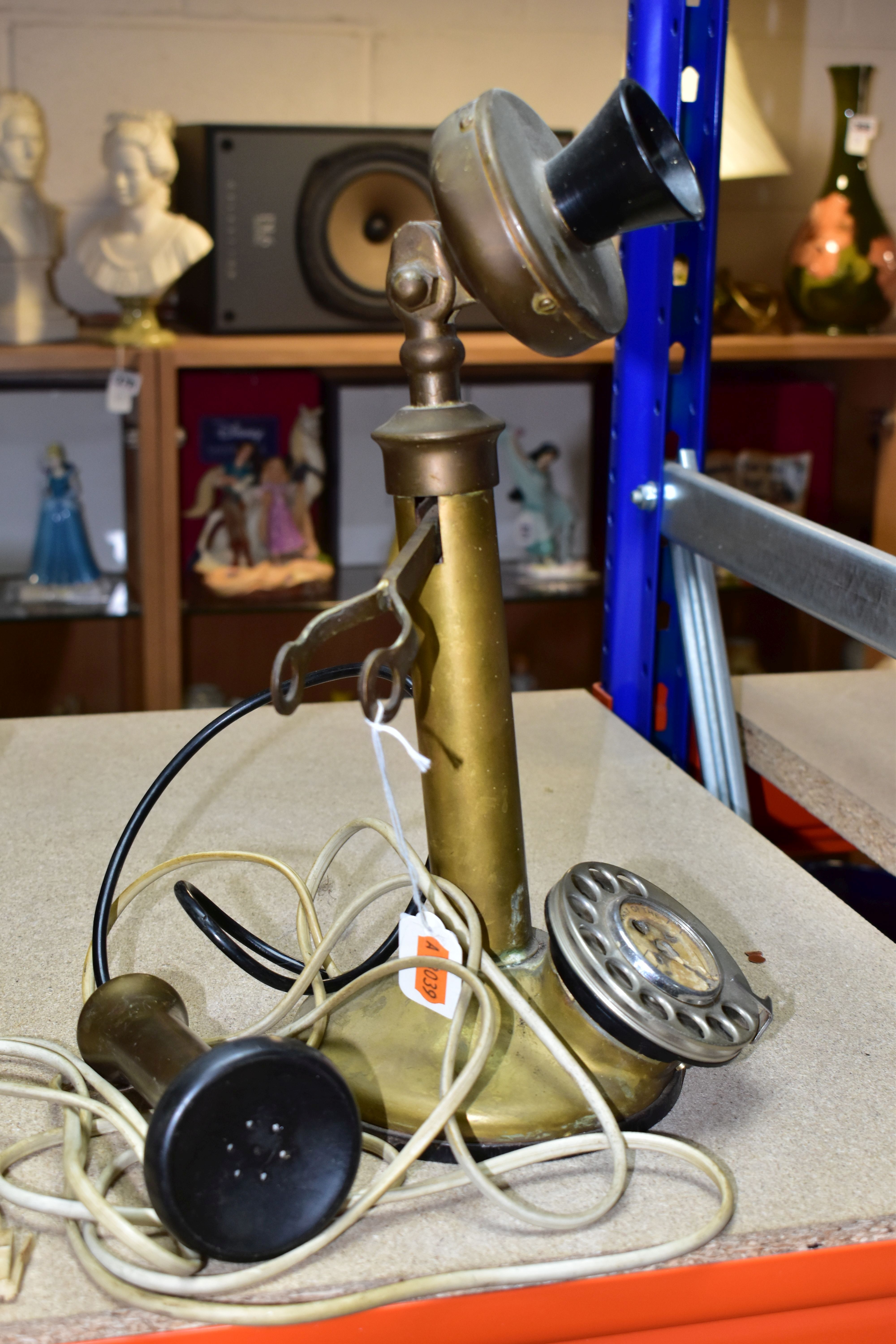 A BRASS VINTAGE STYLE CANDLESTICK TELEPHONE, plug in BT phone- BT-QC-BS 222 , 84/1 on base, (not - Image 2 of 7