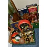 TWO BOXES AND LOOSE TREEN, CLOCKS, BOOKS, PICTURE AND SUNDRY ITEMS, to include a painted wooden folk