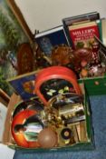 TWO BOXES AND LOOSE TREEN, CLOCKS, BOOKS, PICTURE AND SUNDRY ITEMS, to include a painted wooden folk