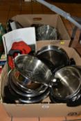TWO BOXES OF AMC (ALLIED METALCRAFT CORPORATION) COOKWARES, to include assorted pots and pans with