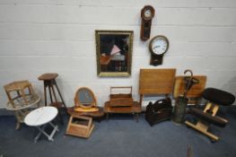 A SELECTION OF OCCASIONAL FURNITURE, to include a gilt framed wall mirror, a pine swing mirror,