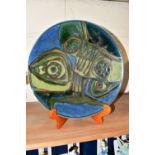 A POOLE POTTERY DELPHIS CIRCULAR CHARGER, abstract pattern in blue and green, diameter 36cm, printed