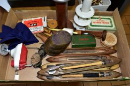 A BOX OF LACE MAKING BOBBINS, EARLY WOODEN MILL SPINDLES AND SEWING SUNDRIES, comprising over one