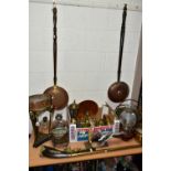 ONE BOX OF BRASS AND COPPERWARE, to include two copper planters, a brass and marble based jardiniere