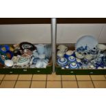 TWO BOXES OF CERAMICS, to include TG Green Cornish Ware dishes, measuring jug, mug and assorted