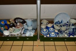 TWO BOXES OF CERAMICS, to include TG Green Cornish Ware dishes, measuring jug, mug and assorted