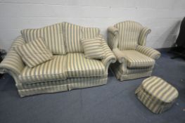A STRIPPED GREEN AND GOLD LOUNGE SUITE, comprising a two seater settee, length 185cm x depth