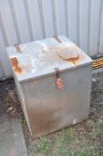 A GALVANISED STEEL ANIMAL FEED CONTAINER with a sloped hinged lid, width 75cm depth 70cm height at