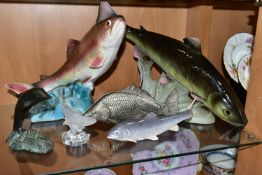 SIX CERAMIC, METAL AND GLASS FISH AND DOLPHIN FIGURES, comprising a large Royal Dux fish, blue
