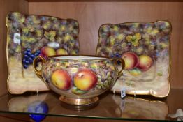 THREE PIECES OF HAND-PAINTED CHINA BY FORMER ROYAL WORCESTER PAINTER G DELANEY, comprising a twin