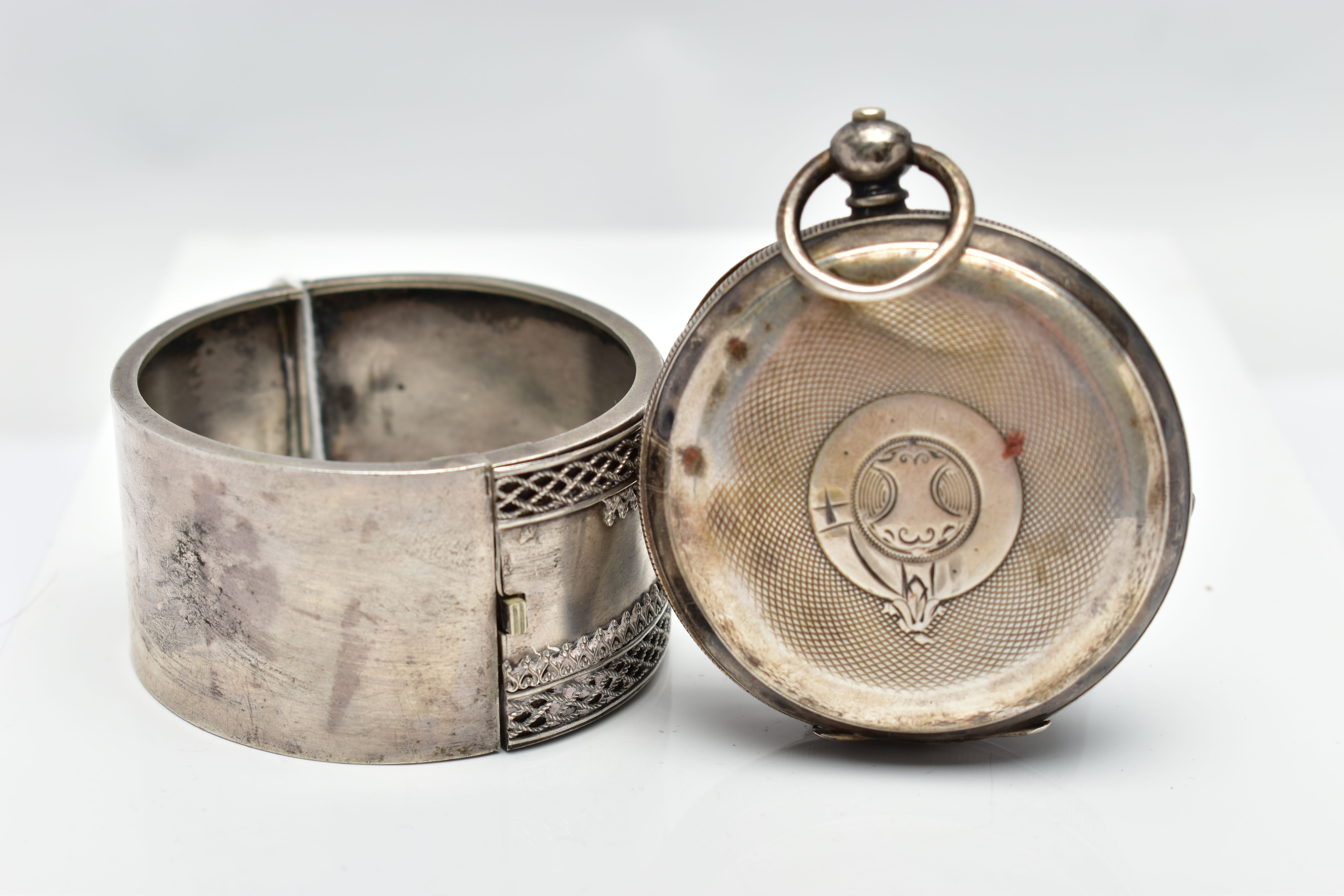 A SILVER POCKET WATCH AND WHITE METAL BANGLE, the first a silver open face pocket watch, the white - Image 2 of 4