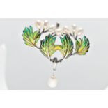 A PLIQUE A JOUR AND CULTURED PEARL BROOCH, designed as a series of green and yellow enamel feathers,